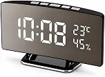 Relógio Despertador Digital de Mesa com LED Espelhado, Temperatura Ambiente, Alarme com Som Progressivo, Brilho Ajustável, Números Grandes, Alimentação USB para Quarto, Cabeceira e Escritório