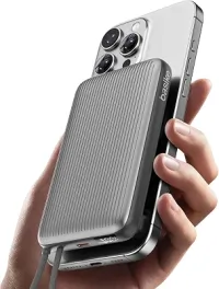 Basike Power Bank 10000mAh, 15W Carregador Portátil Universal por Indução, PD até 22,5W (1 Porta + Cabo Integrado), Compatível com Samsung S25/24/23/22/21, iPhone Séries 16/15/14/13 e MagSafe – Cinza
