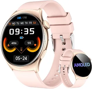 Bettdow Smartwatch feminino Redondo AMOLED 1.43' - Relógio Inteligente com Chamadas Bluetooth, 178+ Modos Esportivos, IP68 à Prova d‘Água, Compatível Android/iOS (Rosa)