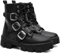 Coturno Gótico Feminino com 3 Fivelas, Preto, Plataforma Tratorada, Cadarço e Solado Grosso, Estilo Punk Rock