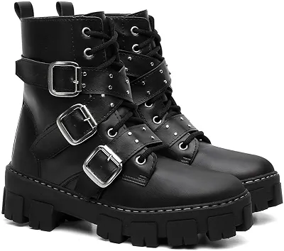 Coturno Gótico Feminino com 3 Fivelas, Preto, Plataforma Tratorada, Cadarço e Solado Grosso, Estilo Punk Rock