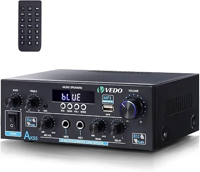 VEDO Amplificador de Áudio Bluetooth 5.0 AK-55 HiFi 600W Dual Channel - Sistema de Som para Casa com Entradas AUX USB FM Microfone, Eco e Reverb | Compatível Alto-Falantes 4-16Ω (Plugues Brasileira)