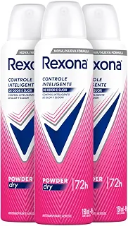 Kit com 3 unidades do Antitranspirante Aerosol Rexona Powder Dry controle inteligente de odor e suor por 72h 150 ml