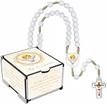 Conjunto Terço Infantil com Caixinha e Oração do Anjo da Guarda ✝️ Lembrancinha para Batizado, Crisma, Primeira Comunhão, Festa Religiosa – Feito no Brasil 💕(Branco)