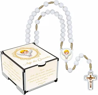 Conjunto Terço Infantil com Caixinha e Oração do Anjo da Guarda ✝️ Lembrancinha para Batizado, Crisma, Primeira Comunhão, Festa Religiosa – Feito no Brasil 💕(Branco)