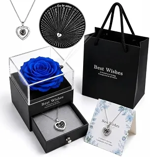 Kit Presente Rosa Eterna com Colar Eu Te Amo 100 Idiomas Caixa de Luxo com Gaveta Sacola e Cartão Presente Romântico