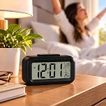 Relógio Despertador Digital Mesa Luz LED Sensor Temperatura Pilha AAA Preto
