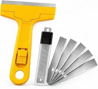 Raspador para Vidro e Azulejo Remove Tinta Adesivo Cola Pelicula Adesiva com 5 Lâminas Extras Corpo Resistente PVC