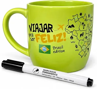 Kit Caneca Cerâmica 350ml Caneta Marcadora Viagem Estados Pontos Turísticos Brasil Presente Divertida Durável Premium