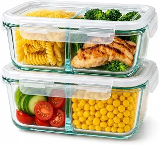 Kit 2 Potes Herméticos de Vidro com Divisória 640ml Marmita Fit de Vidro Borossilicato BPA Free, para Freezer, Forno e Micro-ondas, Tampa com Travas e Vedação de Silicone Divisória para Refeições