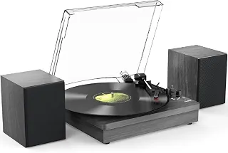 VEDO Toca-Discos Retro : Giradiscos 3 Velocidades (33/45/78 RPM) para Vinil com Bluetooth, Alto-Falantes Estéreo, Conversor LP/MP3 via USB - Madeira Elegante Preta | Presente para Colecionadores 1