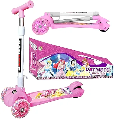 Super Patinete Infantil Meninas Princesas Rosa com Luzes 3 Rodas Freio Regulagem de Altura na Caixa