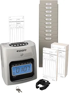 Nile Products - Relógio eletrônico de 4500 PP [4500PPK1], o pacote para pequenas empresas inclui: 125 cartões de ponto, 1 fita de tinta, 2 chaves de segurança e 1 rack de cartão de dez bolsos