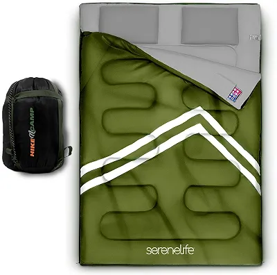 SereneLife Saco de dormir duplo com travesseiros, impermeável e removível para 2 sacos individuais, leve e quente, perfeito para acampamento, caminhada, mochila e clima frio, adequado para