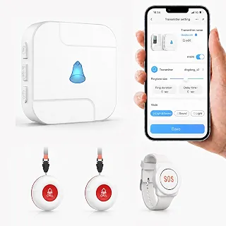 SanJie Sistema de Pager Wi-Fi para Cuidadores com Botão de Emergência para Idosos - 1 Relógio de Alerta Sos + 2 Botões de Chamada Sem Fio + 1 Receptor para Idosos, Pacientes, Crianças com Deficiência