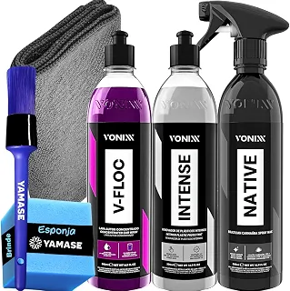 Kit Vonixx: Shampoo V-FLOC 500ml + Cera Native Spray Wax com Carnaúba + Revitalizador de Plásticos Intense – Limpeza e Proteção com Brilho Profundo e Aplicação Rápida