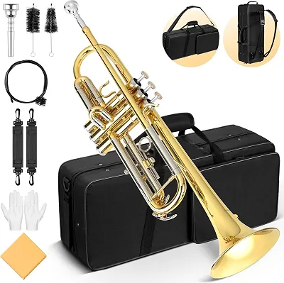 Conjunto de trompete padrão Bb: instrumento de trompete de estudante de cobre com luva de bocal 7C de casca dura, adequado para orquestra de banda de estudante iniciante ou avançada ouro