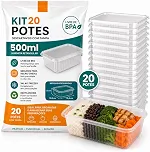 Kit 20 Potes Reutilizáveis 500ml c/Tampa Marmita Retangular Livre de BPA