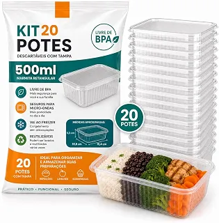Kit 20 Potes Reutilizáveis 500ml c/Tampa Marmita Retangular Livre de BPA