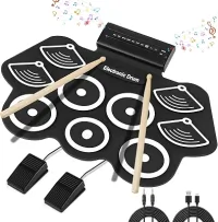 Bateria Eletrônica Instrumento Musical Portátil de Silicone Preto com 9 Pads, Pedais, Baquetas, MIDI Ideal para Crianças, iniciantes, Músicos, Prática Musical em Casa