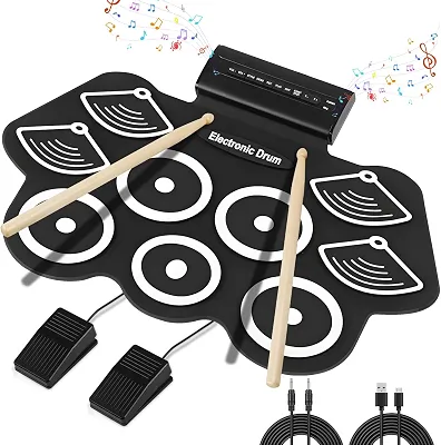 Bateria Eletrônica Instrumento Musical Portátil de Silicone Preto com 9 Pads, Pedais, Baquetas, MIDI Ideal para Crianças, iniciantes, Músicos, Prática Musical em Casa