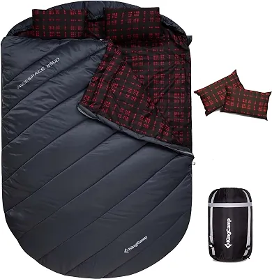 KingCamp Saco de dormir duplo com travesseiros para casais e família, saco de dormir de flanela tamanho queen para acampamento, caminhada e atividades ao ar livre