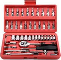 Jogo de Soquete Kit com 46 peças Ferramentas Chave Catraca Conjunto de Soquetes Métricos Sextavadas Chave Allen Torx e Barra de Extensão Reparos Automotivos e Domésticos Premium