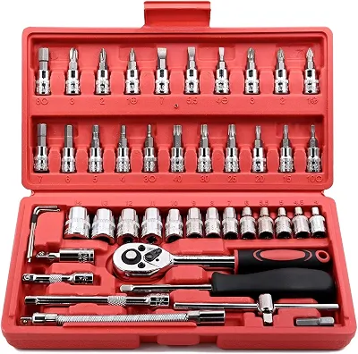 Jogo de Soquete Kit com 46 peças Ferramentas Chave Catraca Conjunto de Soquetes Métricos Sextavadas Chave Allen Torx e Barra de Extensão Reparos Automotivos e Domésticos Premium