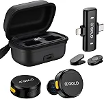 Kit 2 Microfones de Lapela Gold Profissional, Sem Fio, Case de Carregamento, Bluetooth, Cancelamento de Ruído,12h Tempo de Trabalho, Compatível com Camera, iPhone, Android, USB-C e Lightning