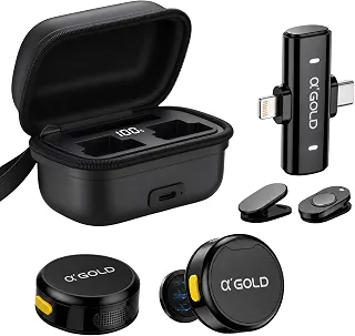 Kit 2 Microfones de Lapela Gold Profissional, Sem Fio, Case de Carregamento, Bluetooth, Cancelamento de Ruído,12h Tempo de Trabalho, Compatível com Camera, iPhone, Android, USB-C e Lightning