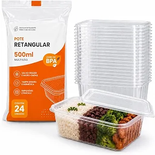 Kit 24 Potes Descartável Retangular com Tampa 500ml Transparente Livre de BPA Freezer e Micro-ondas 24 Unidades Marmita Fitness e Armazenamento de Alimentos Delivery e Organização Premium