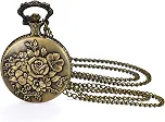 Retro Bronze Flower Openwork Cover Quartz Pocket Watch with 32.3 Inch Chain for Christmas