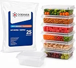 Kit 25 Potes Plásticos Retangulares 250ml com 25 Tampas, Pote para Alimentos, Marmita, Freezer e Micro-ondas, PP Livre de BPA, Reutilizável, Empilhável para Meal Prep e Delivery