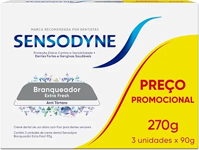 Sensodyne Creme Dental Branqueador Extra Fresh com Flúor, Leve 3 e Pague 2, Anti Tártaro, Contra Sensibilidade, 90g cada