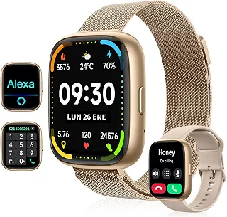 Smartwatch Ecrã tátil completo de 1,28 polegadas IP67 à prova de água Compatível com chamadas, modos desportivos e notificações (2 braceletes incluídas) Dourado