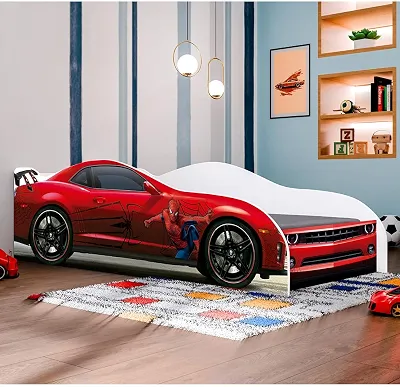 Conjunto Cama Carro Infantil Aranha Com Proteção Lateral Mdf Com Colchão - Vermelho
