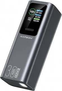 Power Bank 30000mAh Turbo 100W PD, Carregador Portátil para Notebook MacBook Celular Tablet, 3 Saídas USB-C e USB-A, Display LCD, Carregamento Ultra Rápido, Lanterna LED