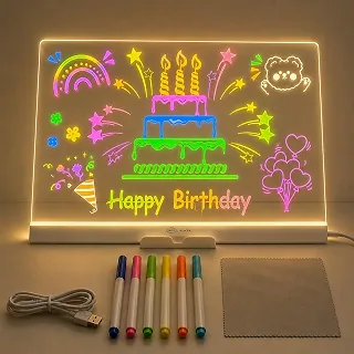 Quadro de Desenho Luminária LED para Escrita com 7 Canetas – Lousa de Mesa para Anotações em Acrílico com Efeito 3D