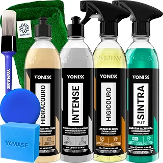 Kit Limpeza Interna Completa Hidratante Restaurador de Couro Hidracouro Limpa Couro Higicouro Limpador Bactericida Sintra Fast Revitalizador Plásticos Internos Intense 500ml Vonixx