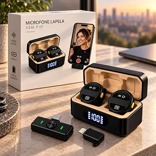 Microfone de Lapela Sem Fio Duplo, Kit com 2 Microfones + Receptor 2 em 1 Lightning e USB-C, 2,4 GHz, Alcance 25 m, Redução de Ruído, 10 h de Bateria, para iPhone e Android