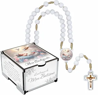 Conjunto Religioso Kit Terço e Caixa Luxo ✝️ Presente Devocional para Batismo, Crisma, Comunhão, Datas Especiais Momentos de Fé e Oração – Feito no Brasil 💕 (Batizado - Iniciação)