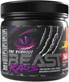 3VS Nutrition Pré-Treino Beast Kaos –Extra Forte Com Citrulina, Beta Alanina, Cafeína, Arginina, Taurina e Tirosina 300gr, Sabor Laranja