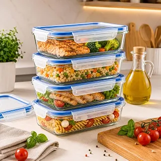 Kit 4 Potes de Vidro Herméticos Retangulares 1040ml com Tampa Antivazamento | Marmitas de Vidro Empilháveis | Freezer, Micro-ondas (Sem Tampa) e Lava-louças | Organização para Cozinha