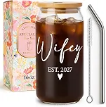 Presente de chá de panela para mulheres, presentes fofos de noiva para chá de panela, despedida de solteira, dia de casamento, presentes de lua de mel para esposa, copos de vidro com tampas e canudos