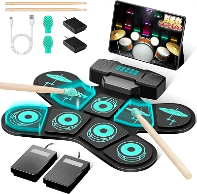 ANVAR Kit de bateria eletrônica portátil VD-SJG，Eletrônica Portátil com 9 Pads Sensíveis, Alto-falantes Duplos, Conexão MIDI e 4h de Bateria - Ideal para Iniciantes, Prática em Casa e Presente Musical