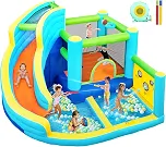 FBSPORT Castelo Inflável, Escorregador Aquático, Parque De Diversões, Pula-Pula Com Tiro De Bola, Parede De Escalada, Piscina De Salto E Respingos, Castelo Inflável Para Crianças Com Soprador De Ar