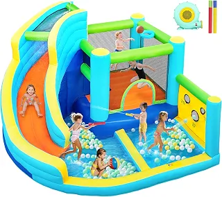 FBSPORT Castelo Inflável, Escorregador Aquático, Parque De Diversões, Pula-Pula Com Tiro De Bola, Parede De Escalada, Piscina De Salto E Respingos, Castelo Inflável Para Crianças Com Soprador De Ar