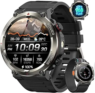 Smartwatch Militar 1.45' com Chamada BT, 100+ Esportes, 2 Pulseiras