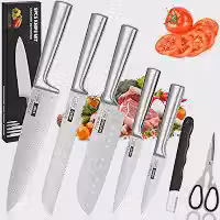 Conjunto de 7 Facas Profissionais em Aço Inoxidável 3CR13, Ultra Afiadas (V-Sharp 15°), Lâminas Inteiriças, Antiferrugem, Design Ergonômico – Inclui Chef, Pão e Churrasco – Garantia de 10 Anos