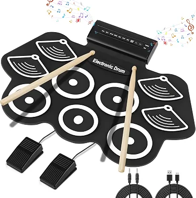 Almofada de Prática de 9 Tambores, Conjunto de Almofadas de Bateria Eletrônica Com Pedais e Baquetas, Bateria Eletrônica Portátil, Conjunto de Bateria Elétrica